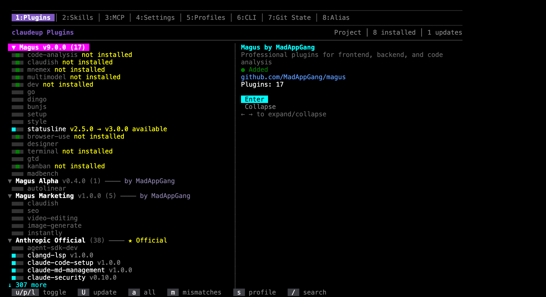 The claudeup Plugins tab: marketplaces grouped with their plugins, install state beside each name, and details for the selected entry on the right